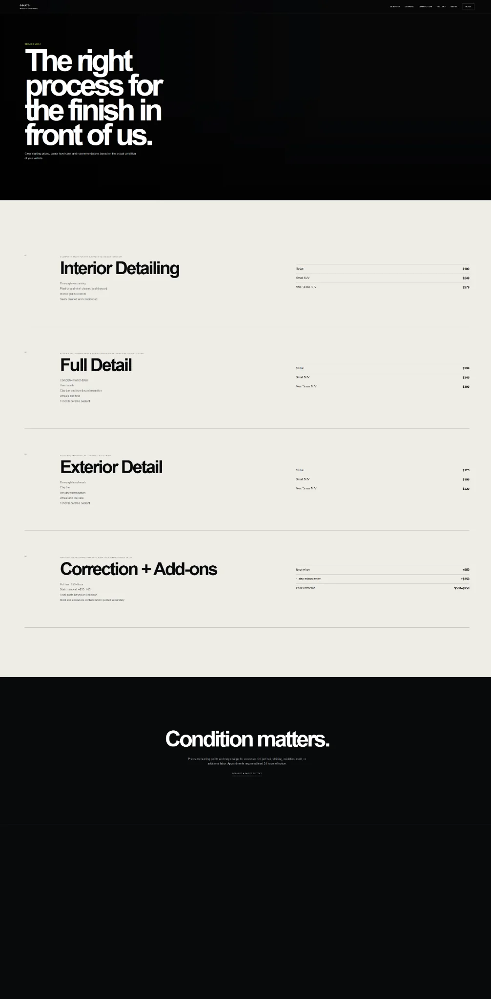 Full Cole's Mobile Detailing services page screenshot